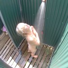 Eine junge superschlanke Blondine wird beim Duschen und Umziehen in der Kabine eines Strandbades heimlich gefilmt.